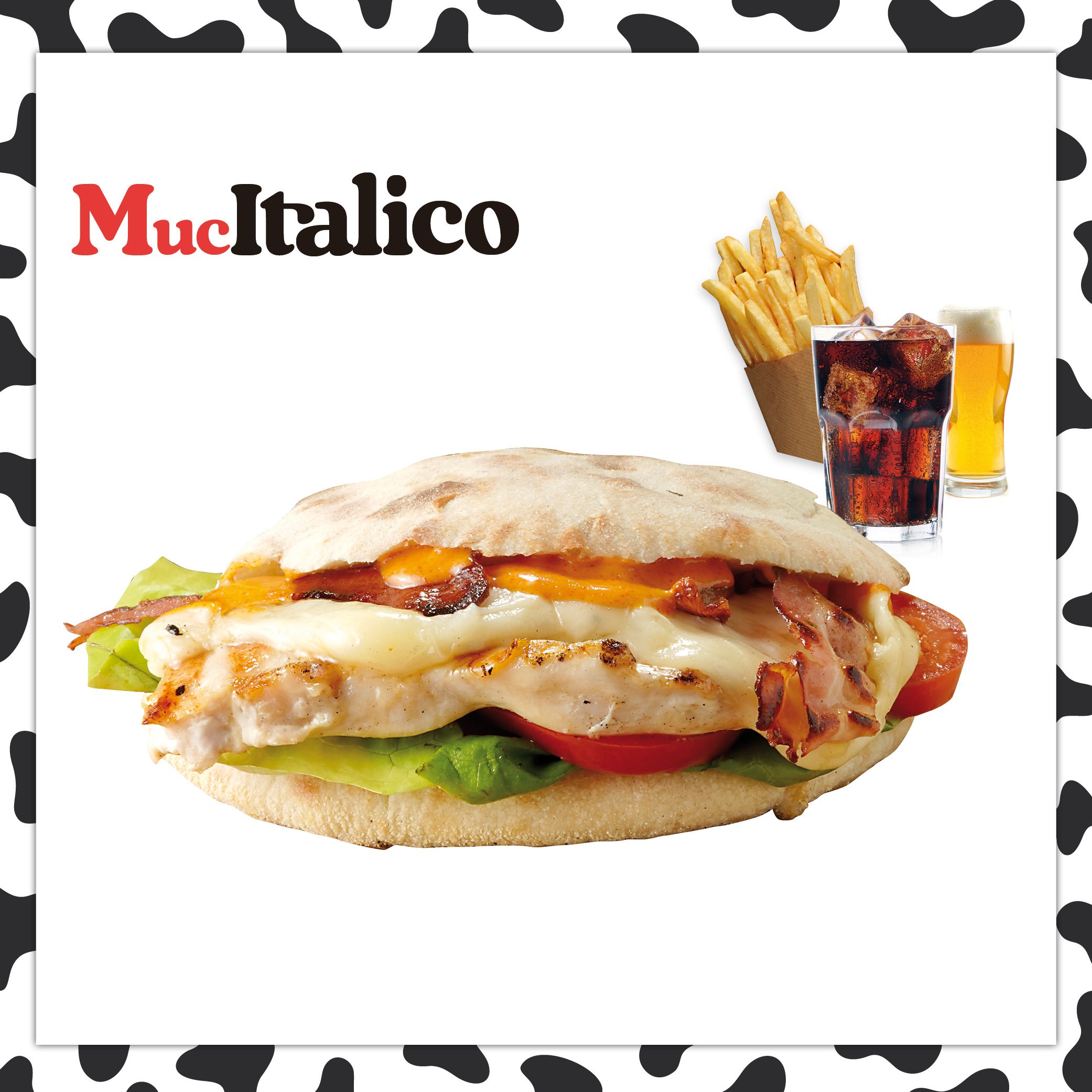 Pollo alla piastra, provolone, pancetta alla piastra, pomodoro ramato, fattura e salsa della casa