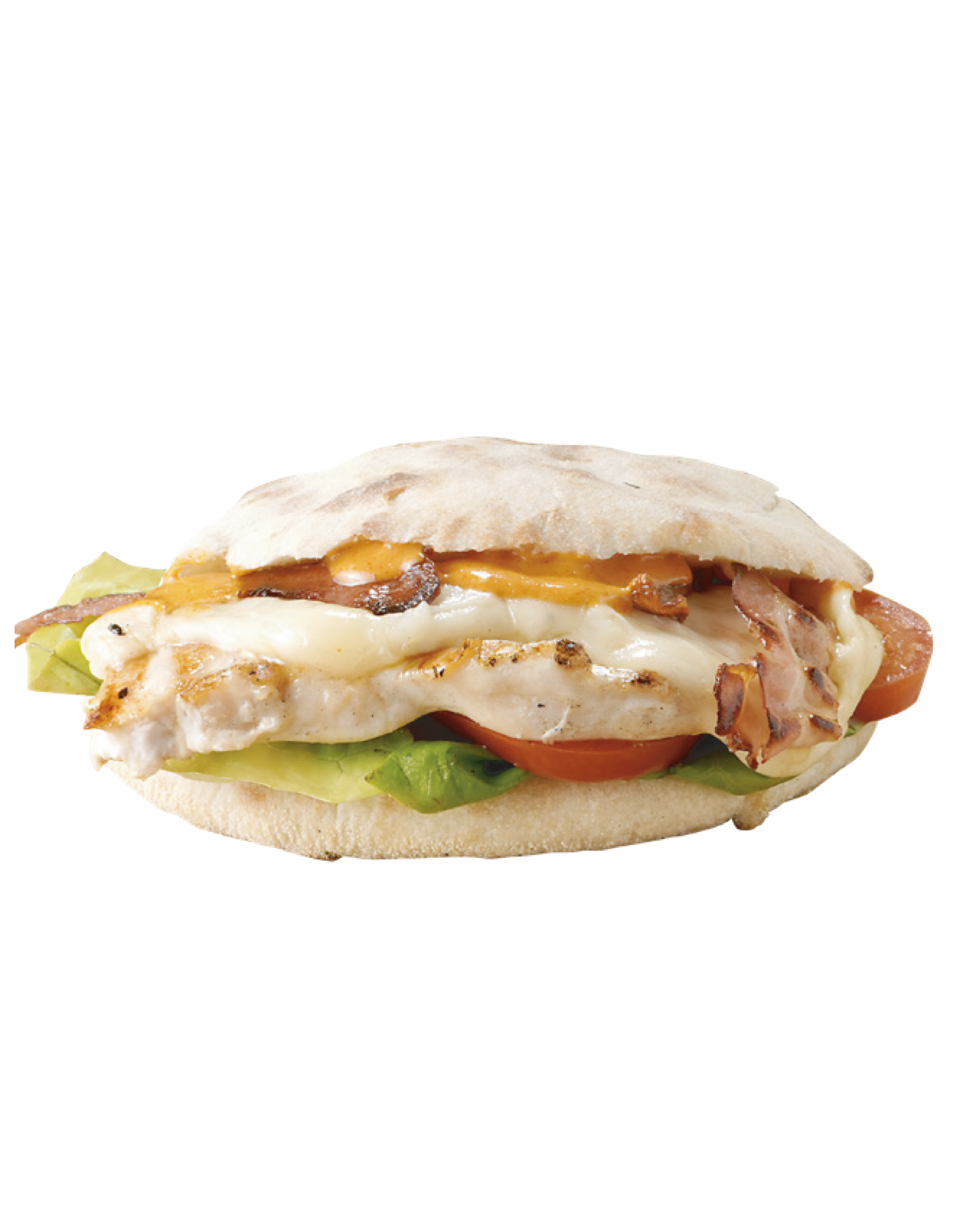 Pollo alla piastra, provolone, pancetta alla piastra, pomodoo ramato, lattuga e salsa della casa