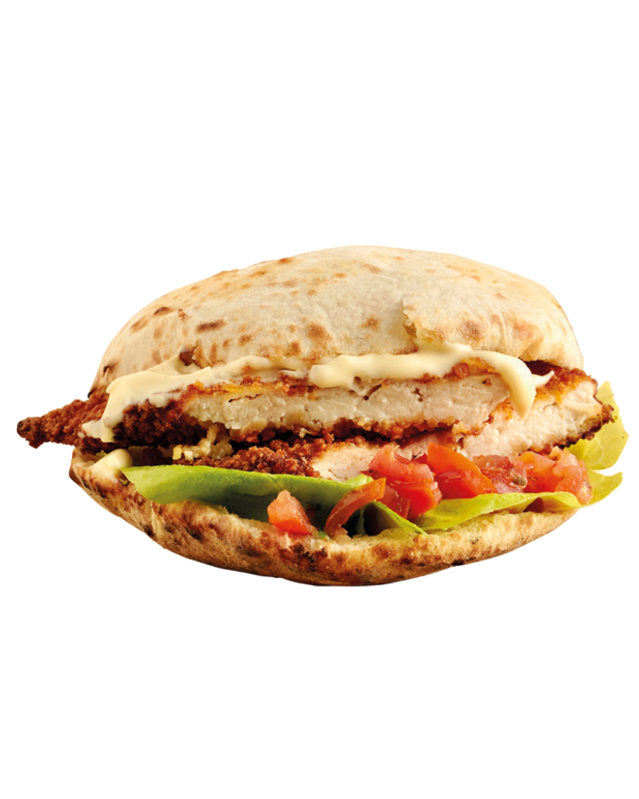 Pollo impanato, Pachino condito, lattuga e maionese